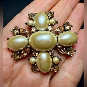 Vintage Faux Pearl Rhinestone Maltese Cross Brooch Pin